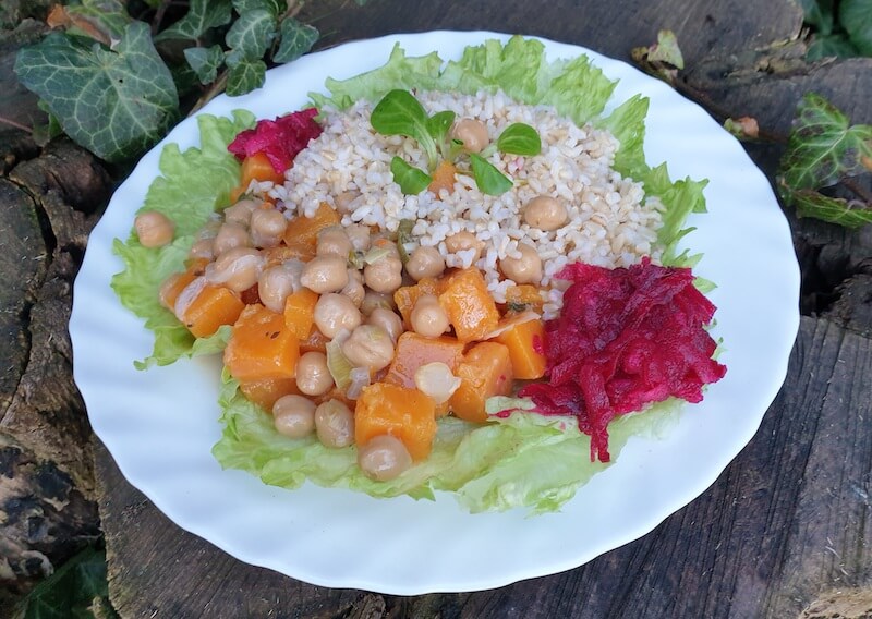 Makrobiotikus csicseriborsós barna rizs sütőtökkel, almás céklasalátával