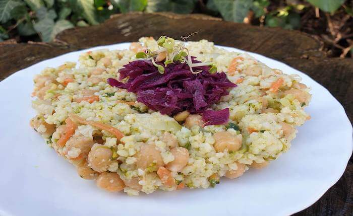 Csicseriborsós zöldséges köles vöröskáposzta salátával