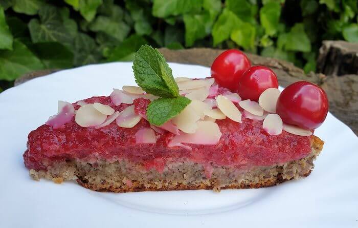 Piskóta alapon meggyes gyümölcstorta glutén, tejtermék, tojás cukormentesen